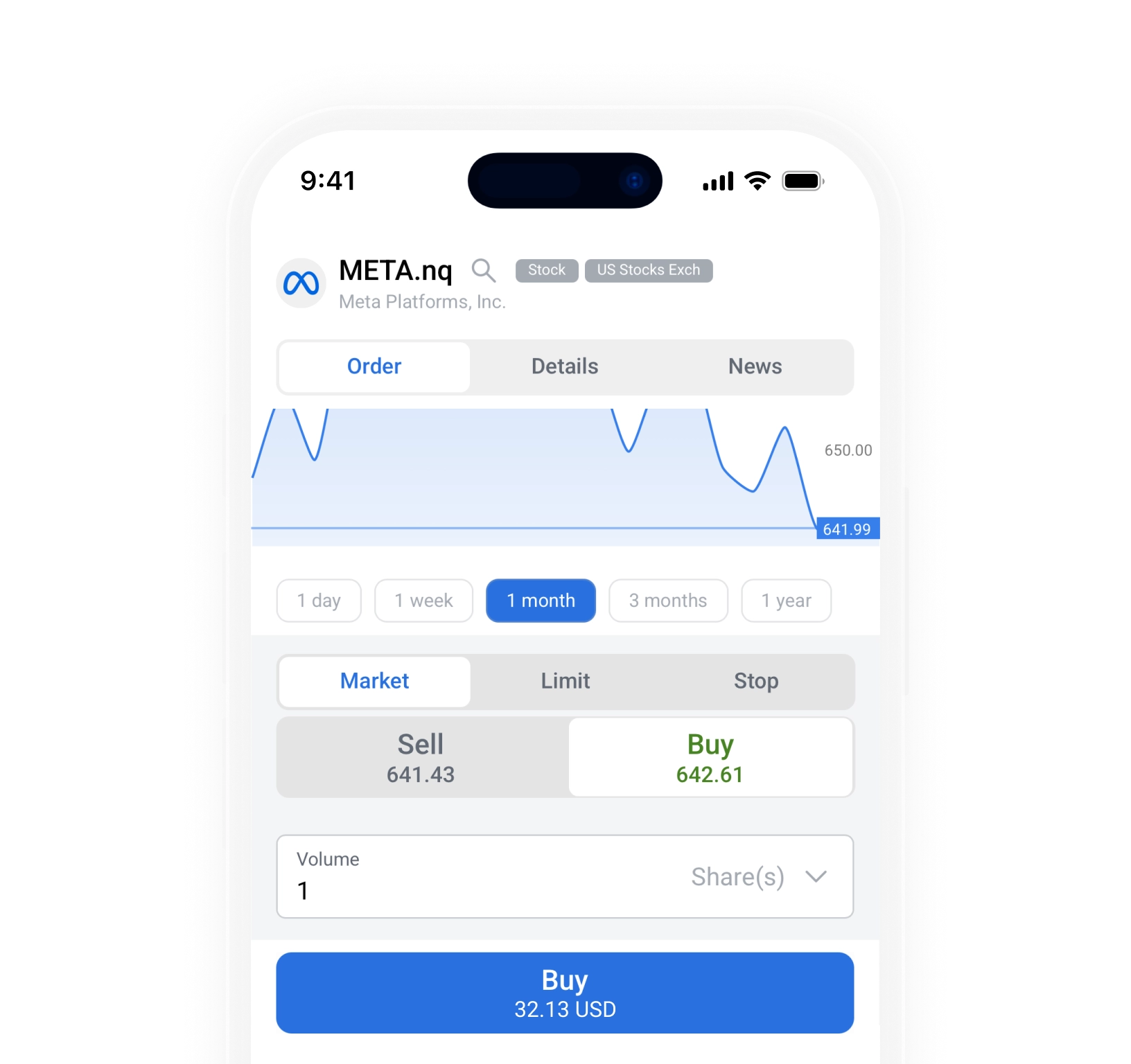 Set the volume and tap "Buy"